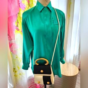 Vtg Teal Blouse Gold Gild Top Handle Structured Handbag Box Twist Rope Strap